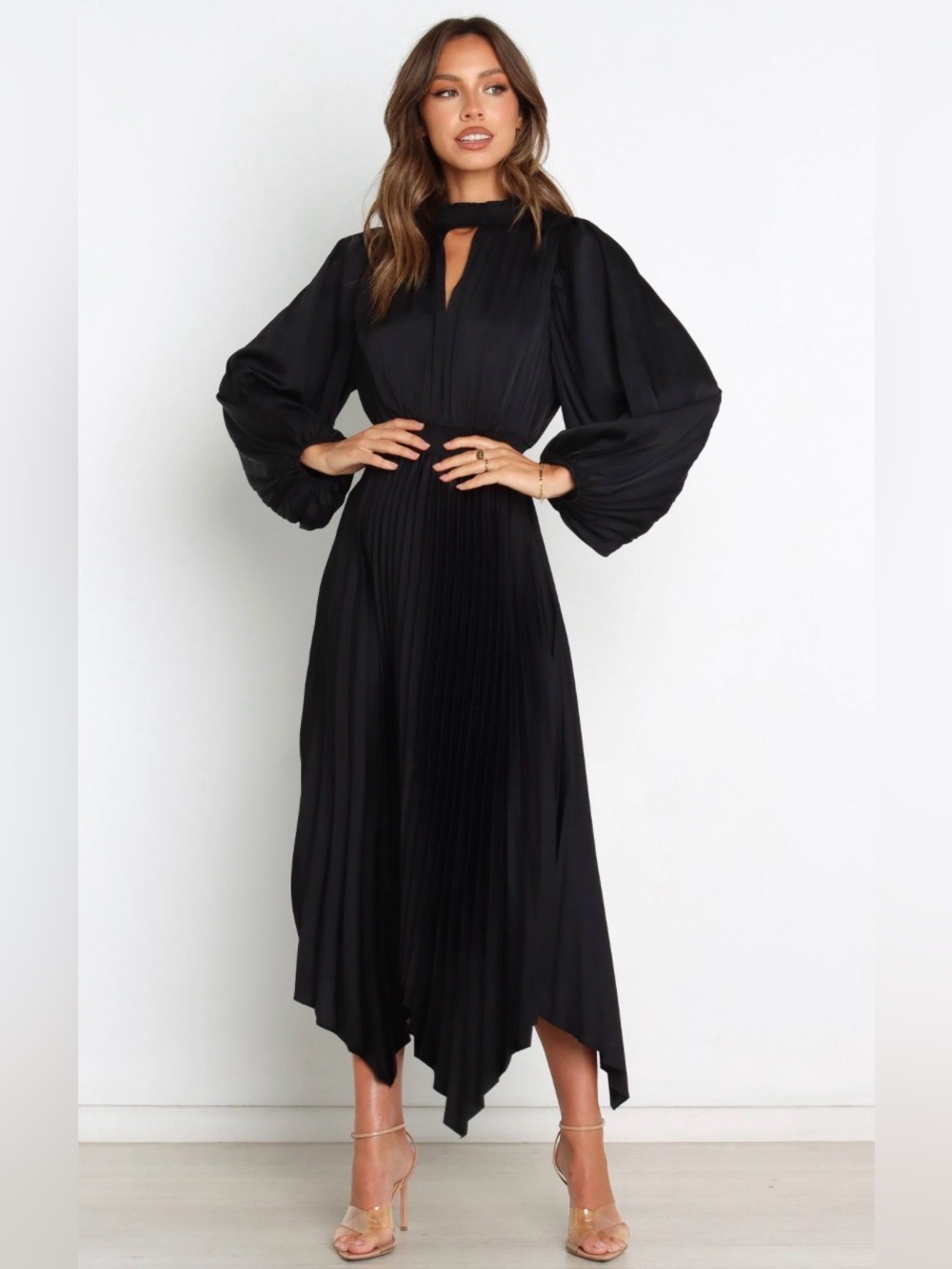 Petal & Pup Eloise satin Pleated handkerchief Midi Dress black 6 nwt